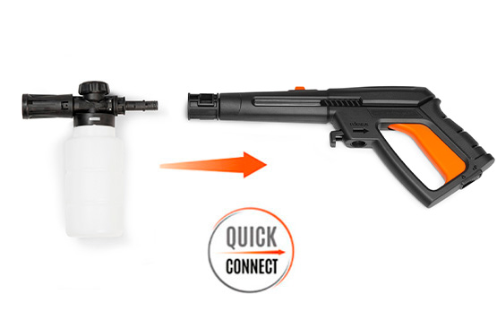 Система Quick Connect позволяет быстро заменить струйную трубку на пеногенератор для нанесения пены без использования дополнительных инструментов.