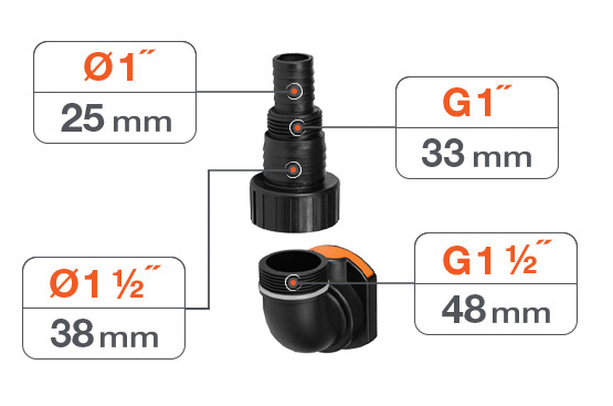 В комплект поставки входит универсальный патрубок, который позволяет соединить насос со шлангами диаметрами 1